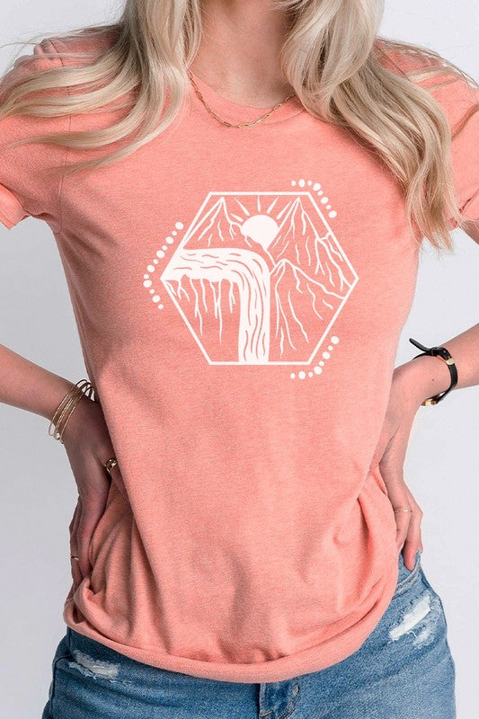 Mountain Waterfall Sunrise Nature Hike Graphic Tee