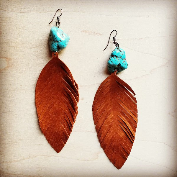 Tan Suede Feather Earrings with Turquoise Chunks