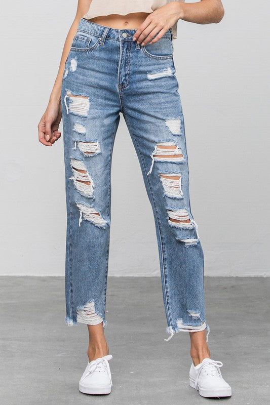 HIGH WAIST HEAVY DISTRESSED GIRLFRIEND JEANS