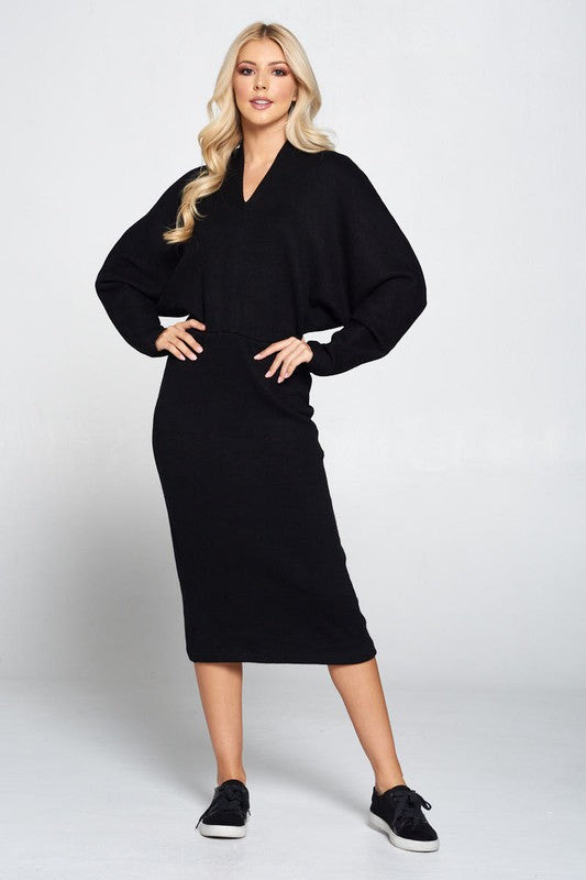 Sweater Knit Dolman Sleeve Midi Dress