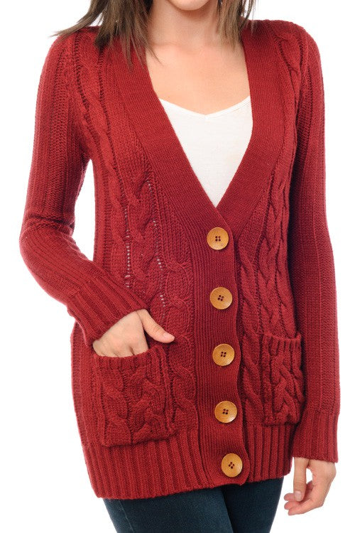 Cable Knitted Cardigan Sweater with Pockets