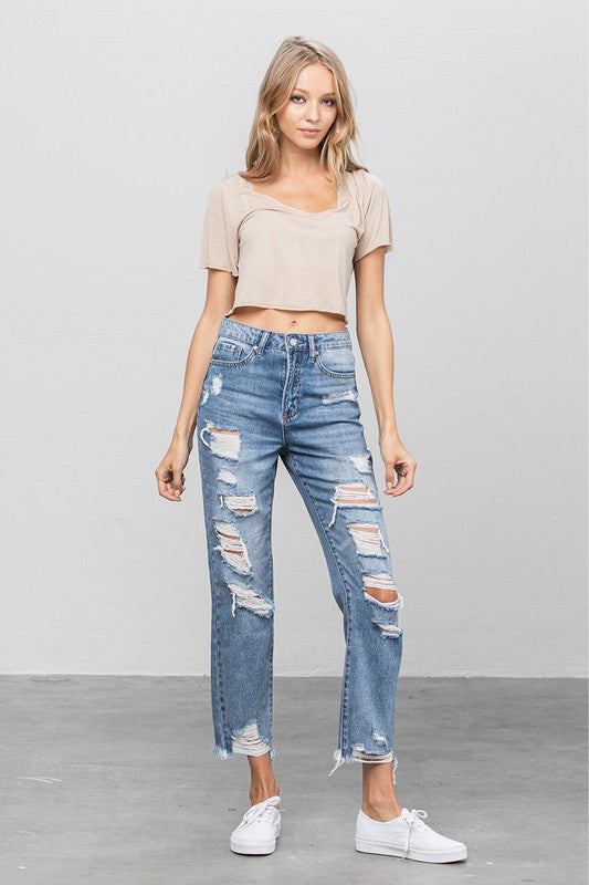 HIGH WAIST HEAVY DISTRESSED GIRLFRIEND JEANS