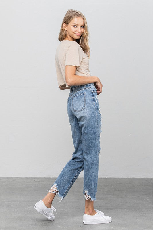 HIGH WAIST HEAVY DISTRESSED GIRLFRIEND JEANS