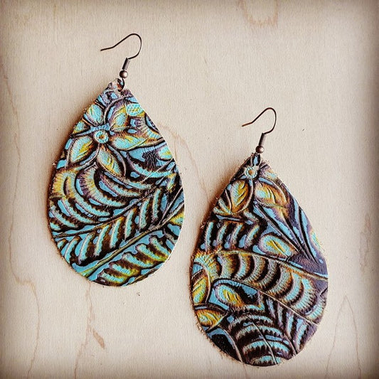 Leather Teardrop Earrings in Dallas Turquoise