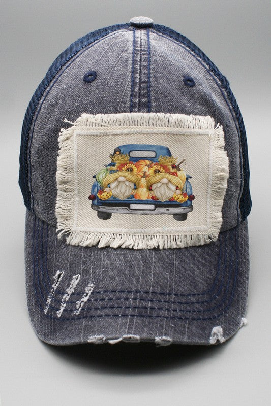 Fall Gnome Blue Pumpkin Truck Hat