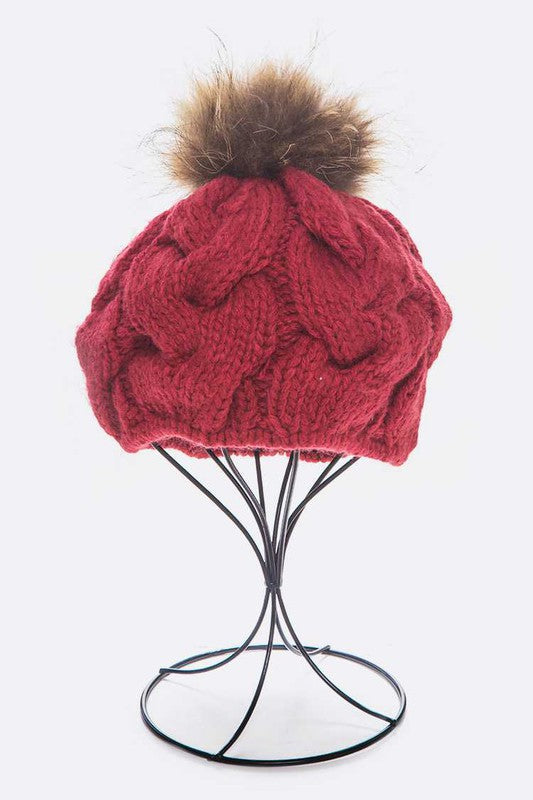 Large Fur Pom Cable Knit Beret Beanie