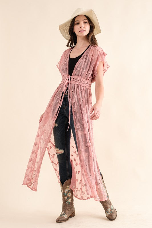 CHIFFON EMBROIDERY LACE KIMONO DUSTER CARDIGAN