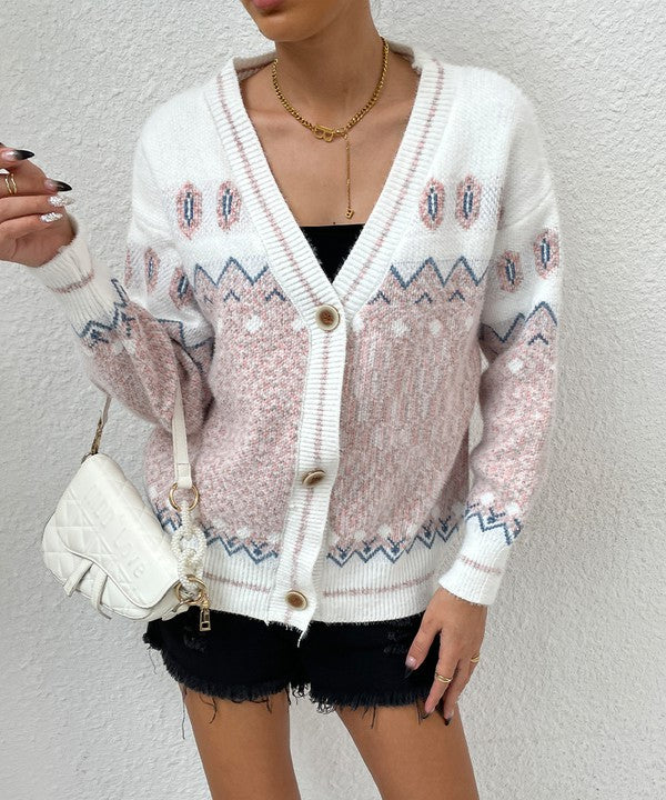 White and Pink Geo Pattern Botton Front Cardigan