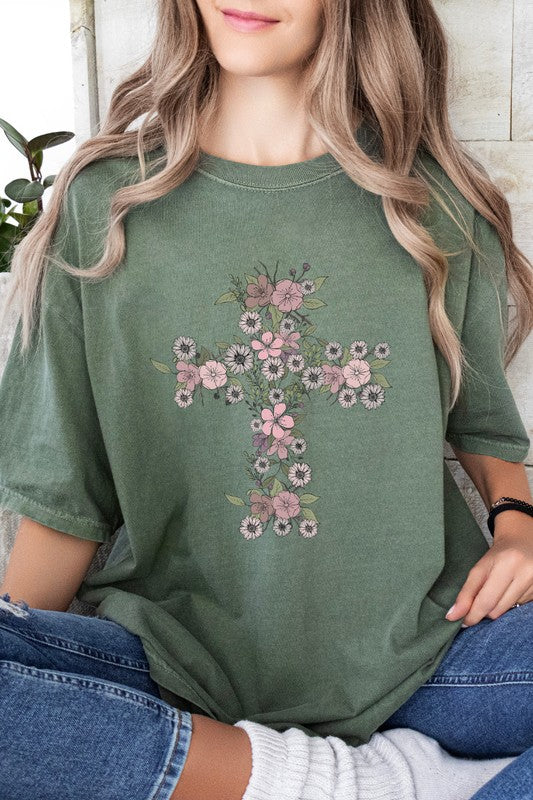 Floral Cross Easter Comfort Colors Graphic Tee