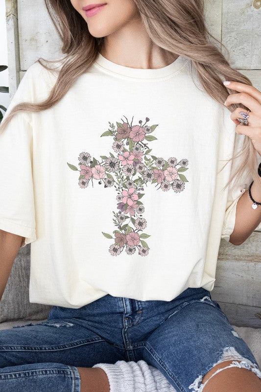 Floral Cross Easter Comfort Colors Graphic Tee