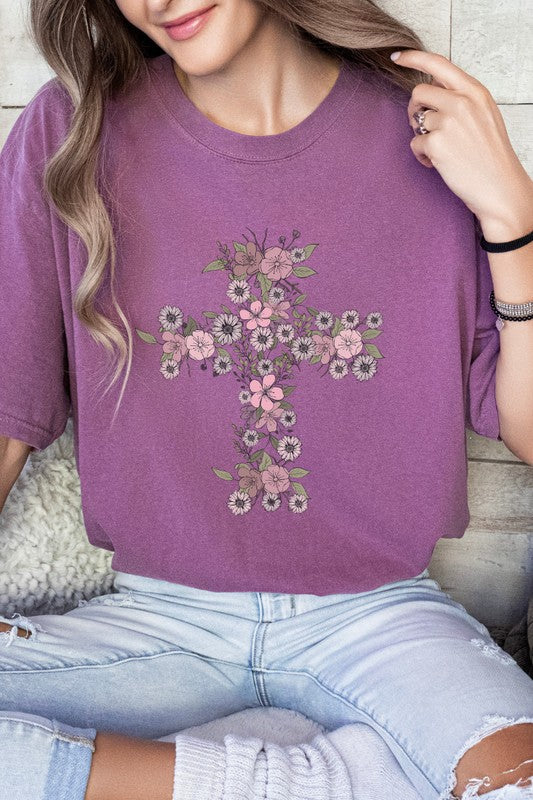 Floral Cross Easter Comfort Colors Graphic Tee