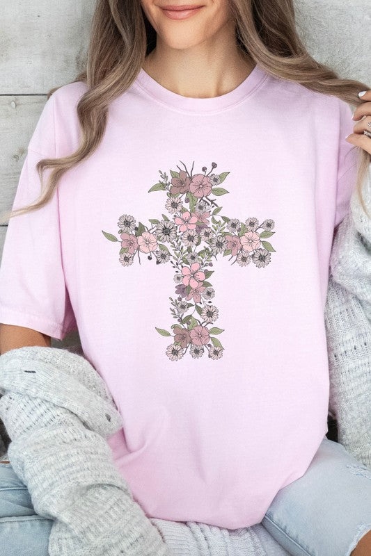 Floral Cross Easter Comfort Colors Graphic Tee