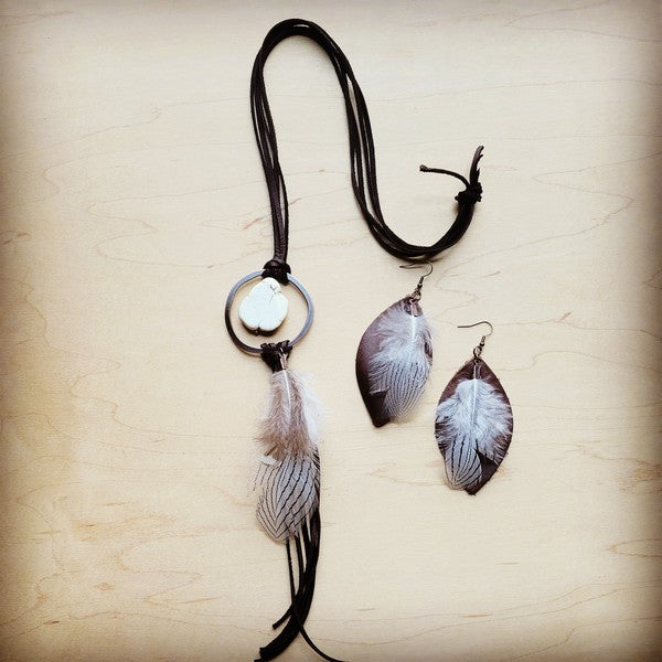 Western Leather Oval Earrings Brown Stripe Feather