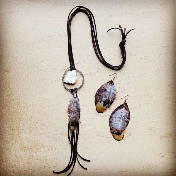 Western Leather Oval Earrings Brown Yellow Feather