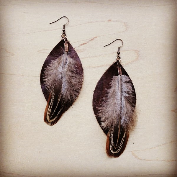 Western Leather Oval Earrings Brown Turkey Feather