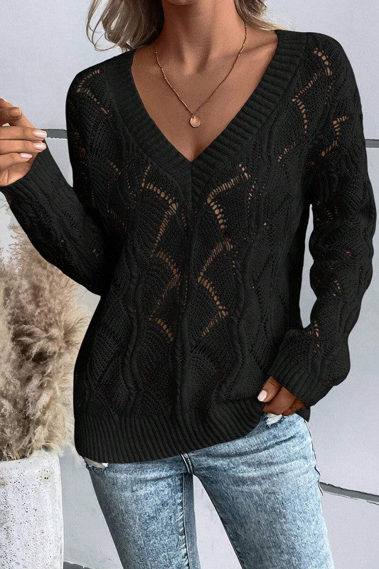 Hollow Out Knit V Neck Drop Shoulder Sweater