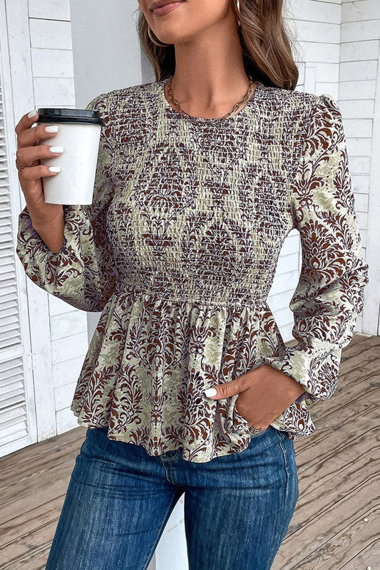 Ethnic Print Balloon Sleeve Smocked Peplum Blouse