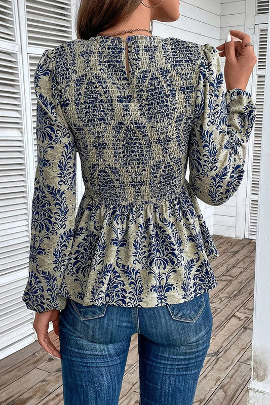 Ethnic Print Balloon Sleeve Smocked Peplum Blouse