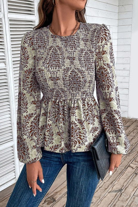 Ethnic Print Balloon Sleeve Smocked Peplum Blouse