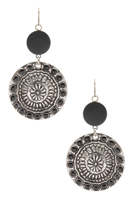 Wooden Disk Western Embossed Earrings