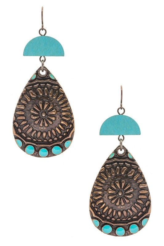 Wooden Disk Western Embossed Drop Earrings