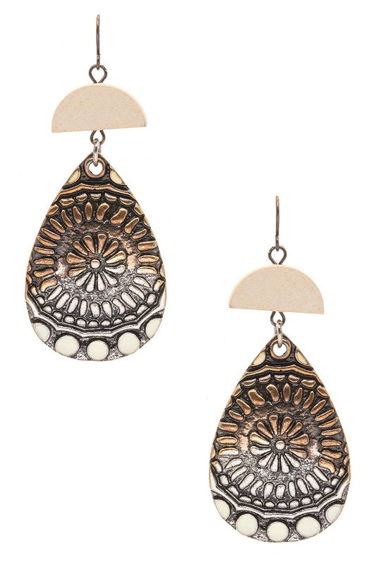 Wooden Disk Western Embossed Drop Earrings