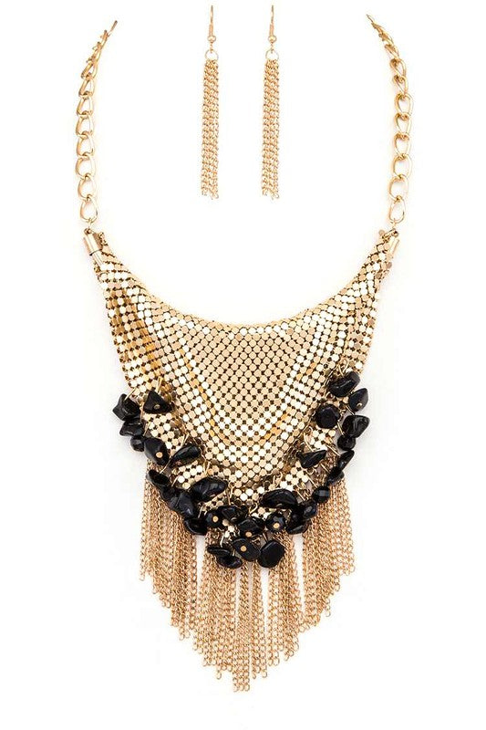 Chainmail Bib Stone Nuggets Fringe Necklace