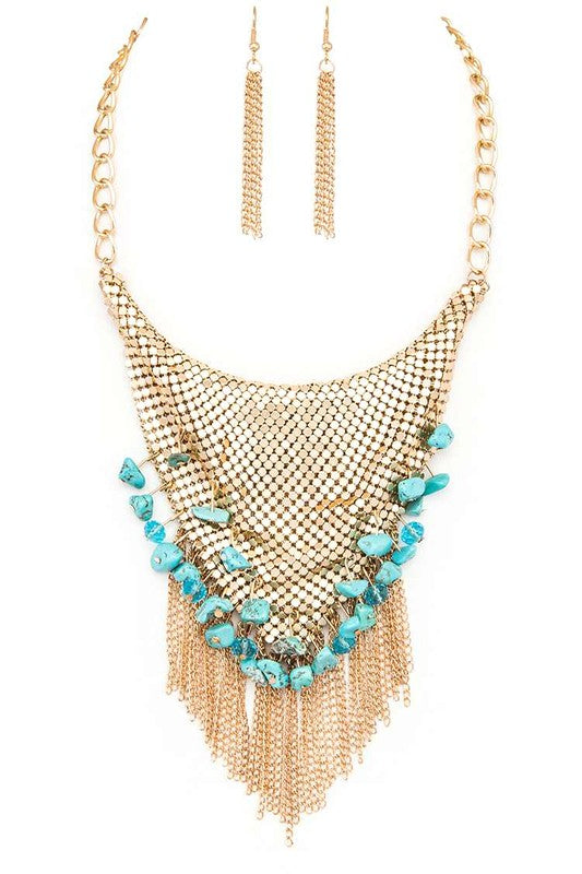 Chainmail Bib Stone Nuggets Fringe Necklace