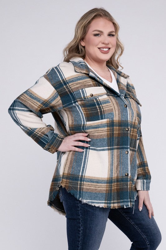 Plus Size Yarn Dyed Plaid Shirt Jacket