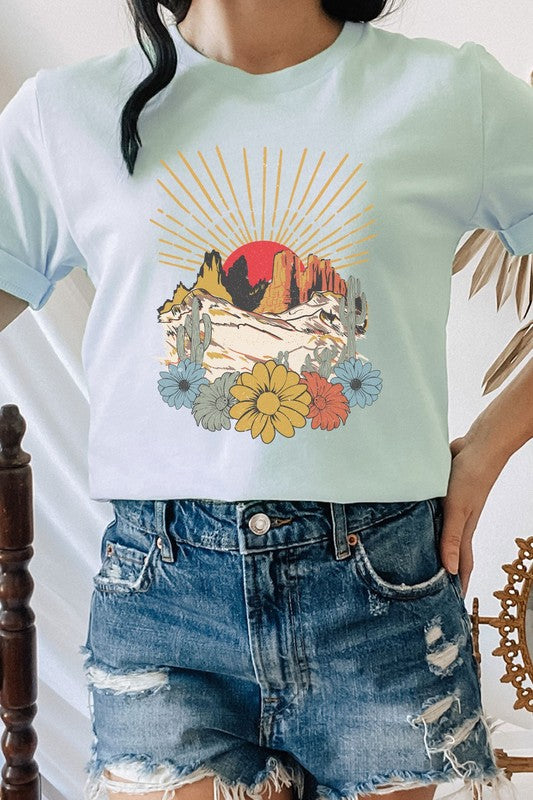 Desert Sunset Arches Floral Cacti Boho Graphic Tee