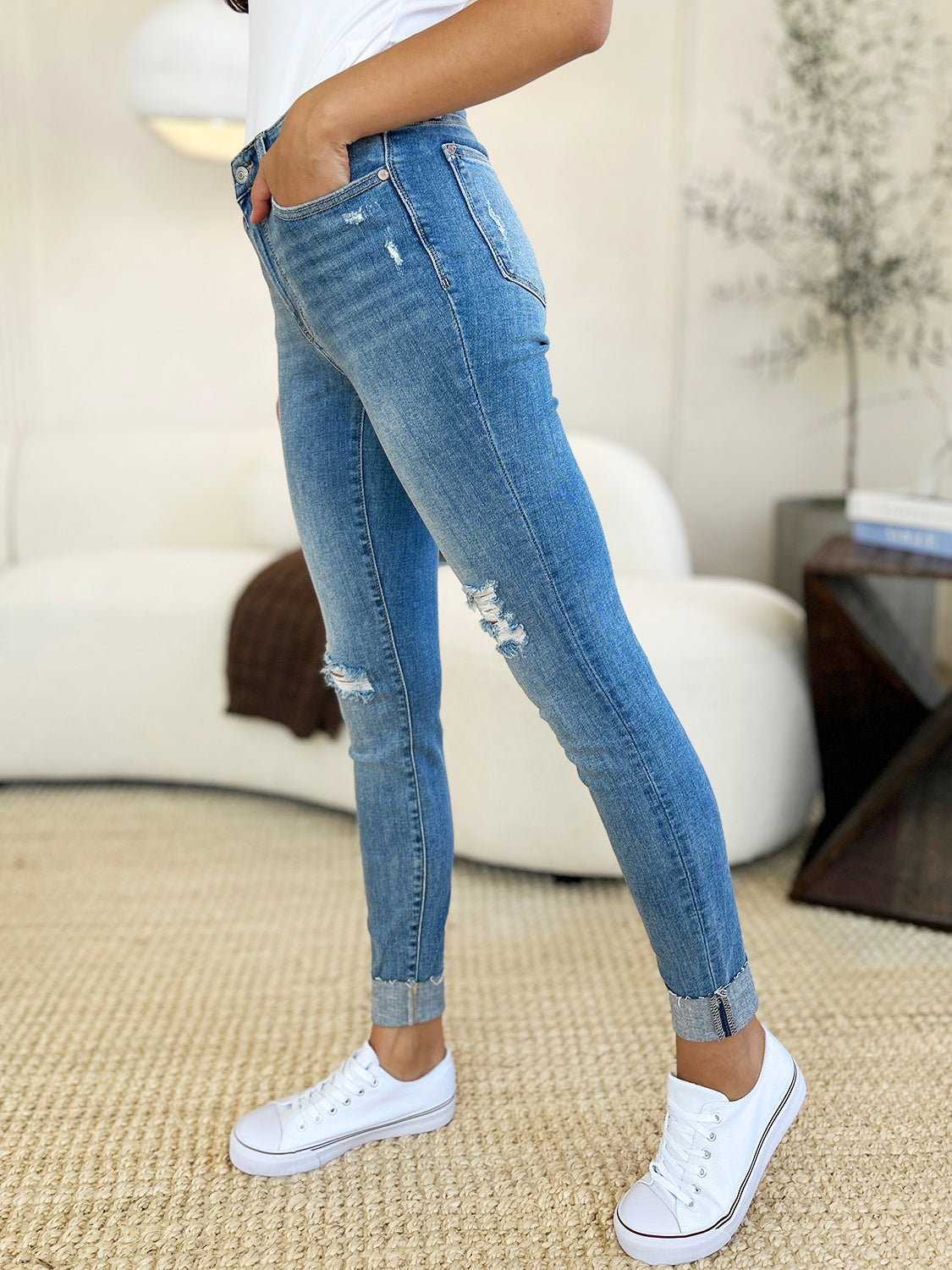 Judy Blue Full Size Mid Rise Destroy & Cuff Skinny Jeans