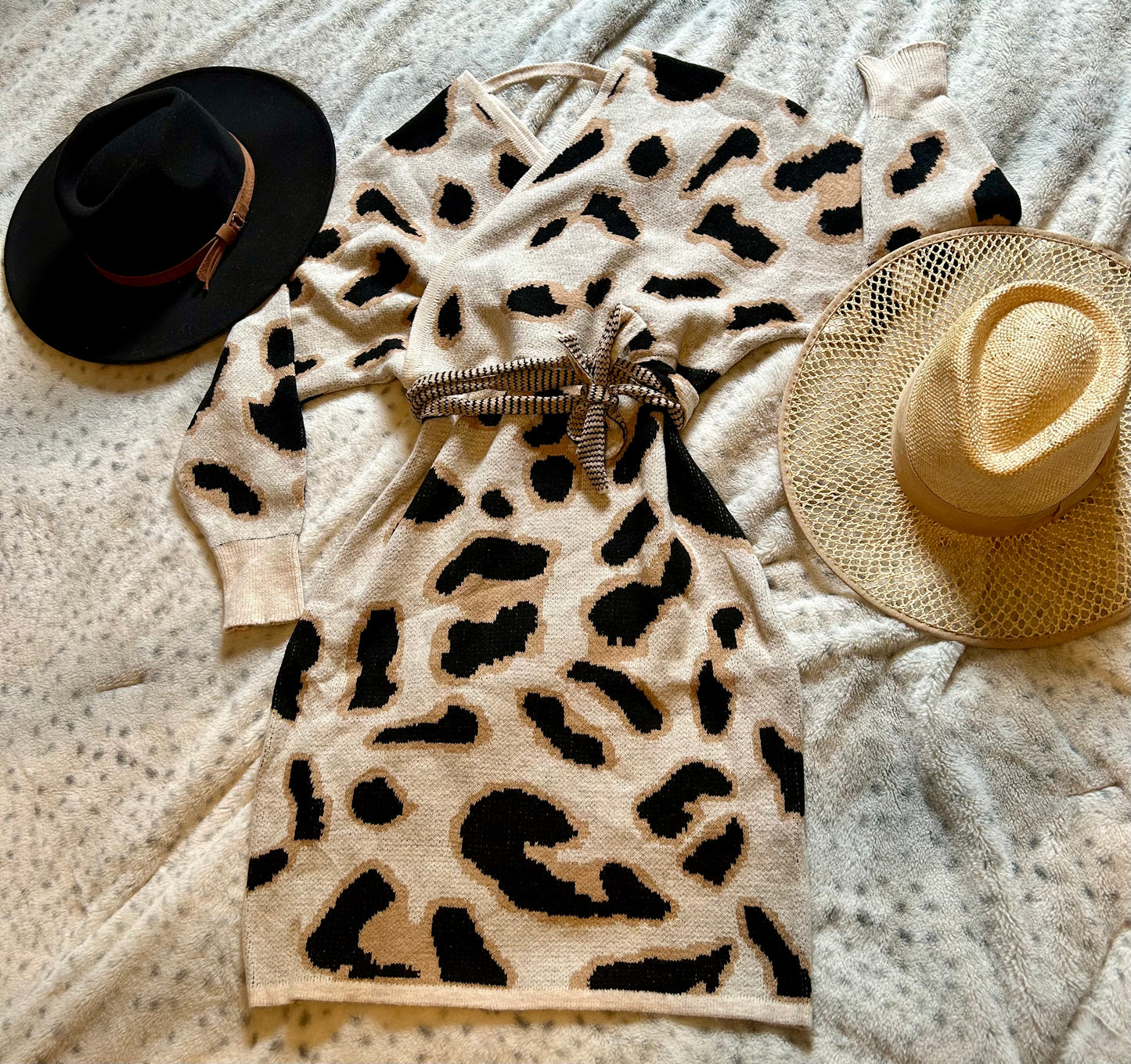 Leopard Print Cross-V Neck Sweater Dress