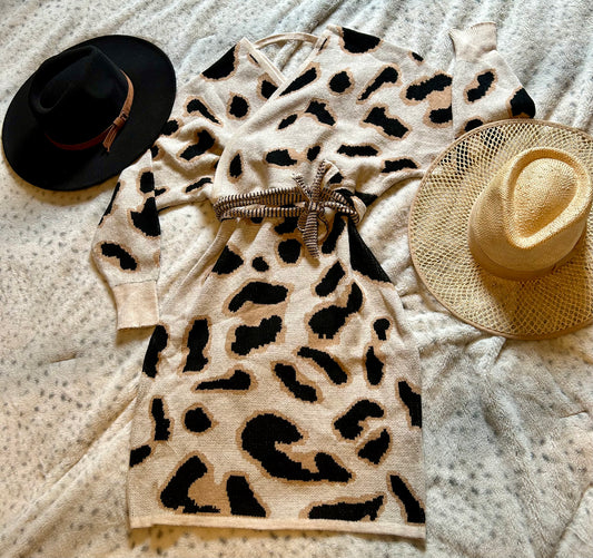 Leopard Print Cross-V Neck Sweater Dress