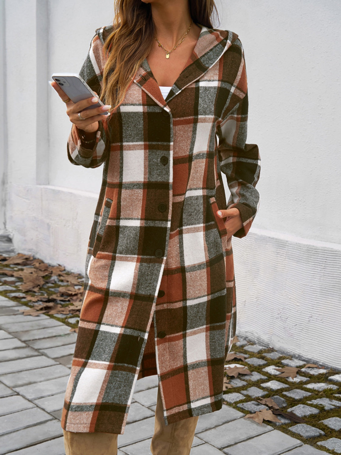 Devine Plaid Long Sleeve Hooded Coat