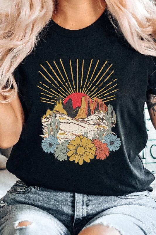 Desert Sunset Arches Floral Cacti Boho Graphic Tee