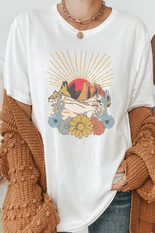 Desert Sunset Arches Floral Cacti Boho Graphic Tee